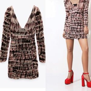 Zara pink brown tulle draped long sleeve V-neck mini dress tie-dye abstract Sz S